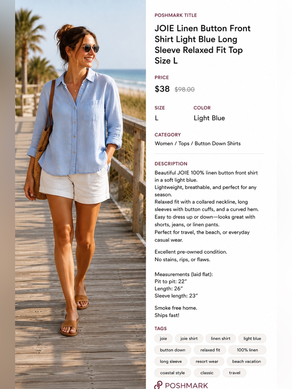 Joie 100% Linen Button Front Shirt Light Blue Long Sleeve Relaxed Fit Size L